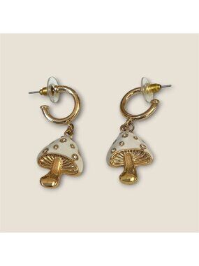 Mushroom Dangle Earrings With Gold Hoops & Rhinestone-Studded Enamel Charms – Fu